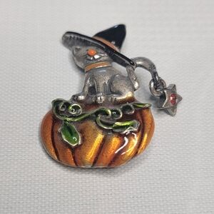 Vintage Halloween Cat & Pumpkin Pin/Brooch AJMC Signature